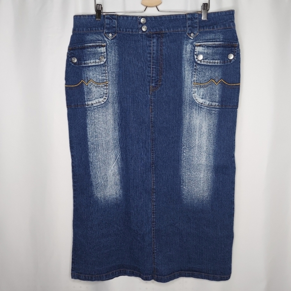 Beware Jean Skirt 20 Blue Distressed Denim Button Pocket Zip Western Grunge‎